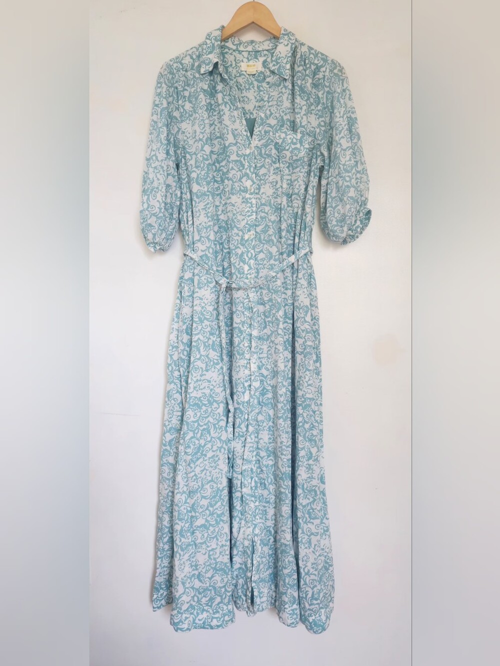 Anthropologie Maeve Blue and White Button-Front Maxi Dress Size M Linen Blend